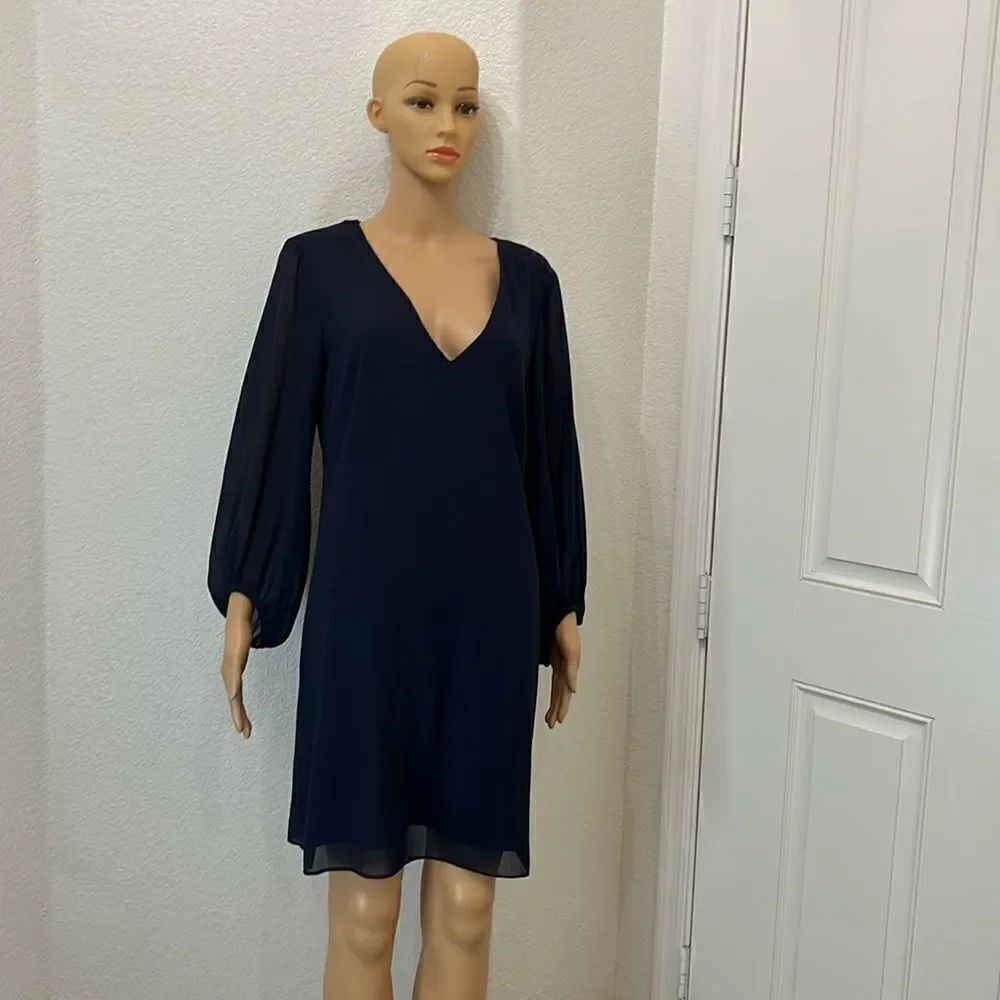 Eliza J Navy Blue Women’s Dress Size 12 VNeck Long Sheer Sleeves Midi Lined